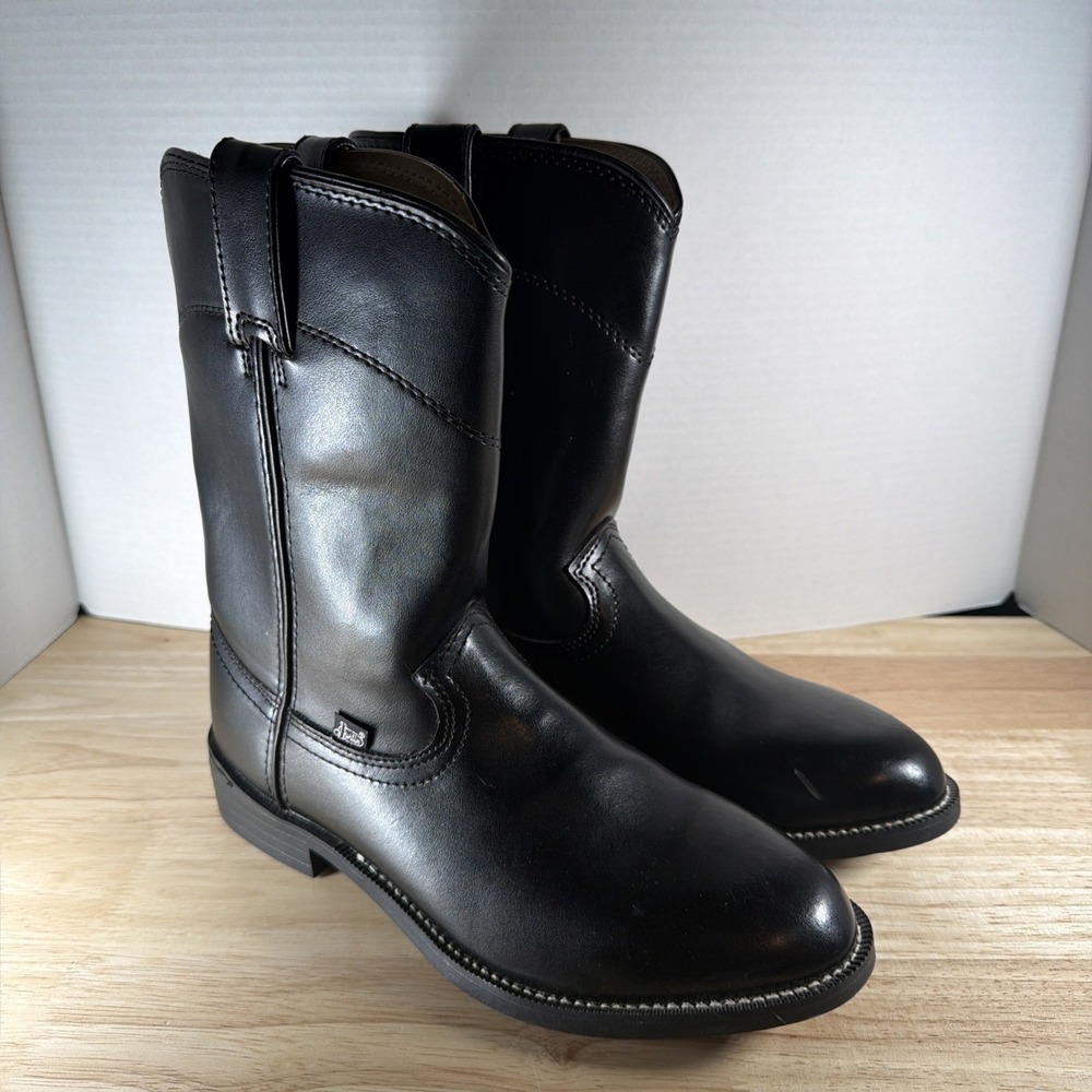 Justin Basics JB3000 Men's 10 EE Black Leather Roper Western Cowboy Boots